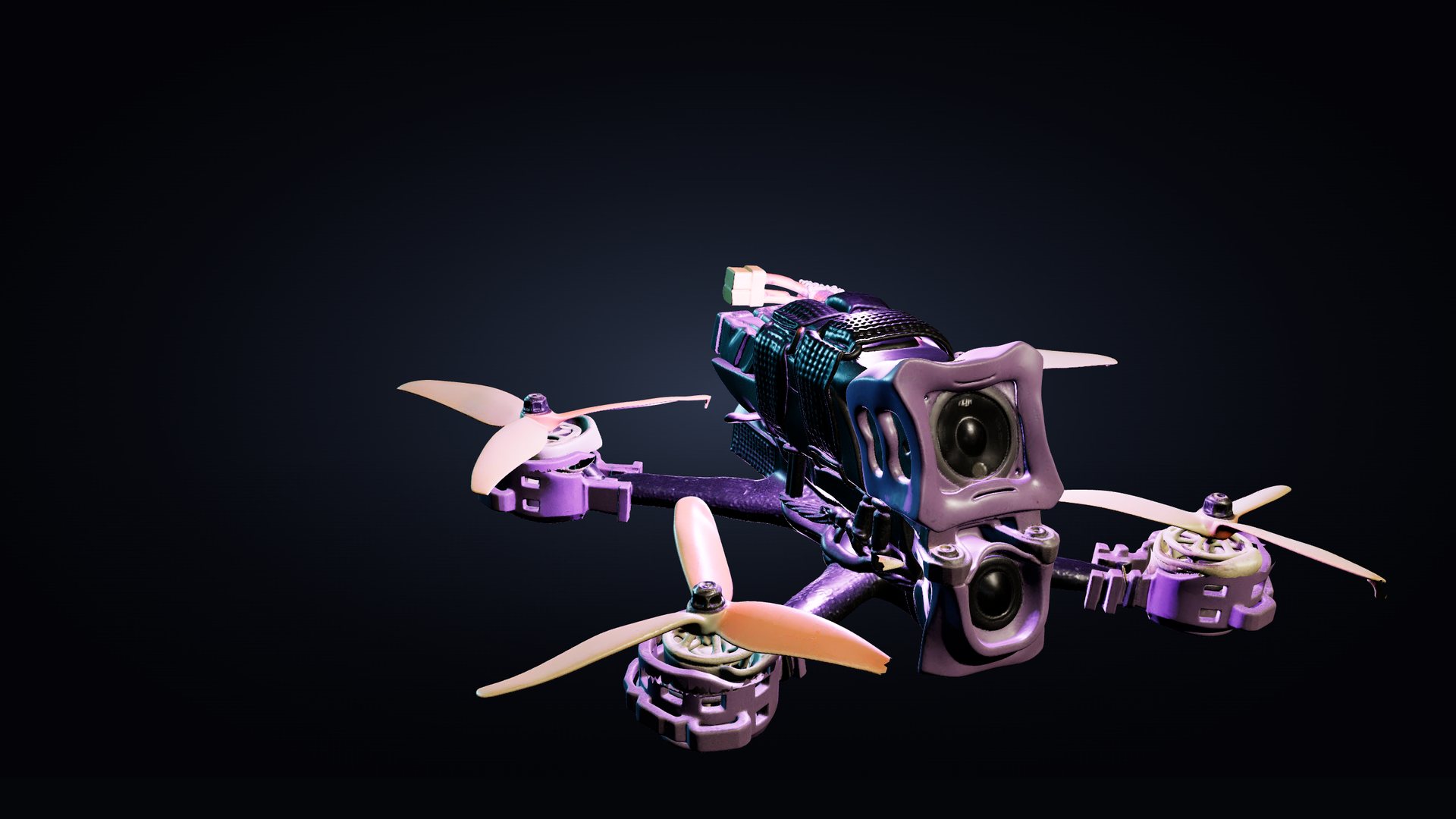 Quadmula F5 S2: oyunun hangarındaki tam detaylı model — karbon kollar, 2207 motorlar, üç kanatlı 5 inç pervaneler ve kamera kutusu