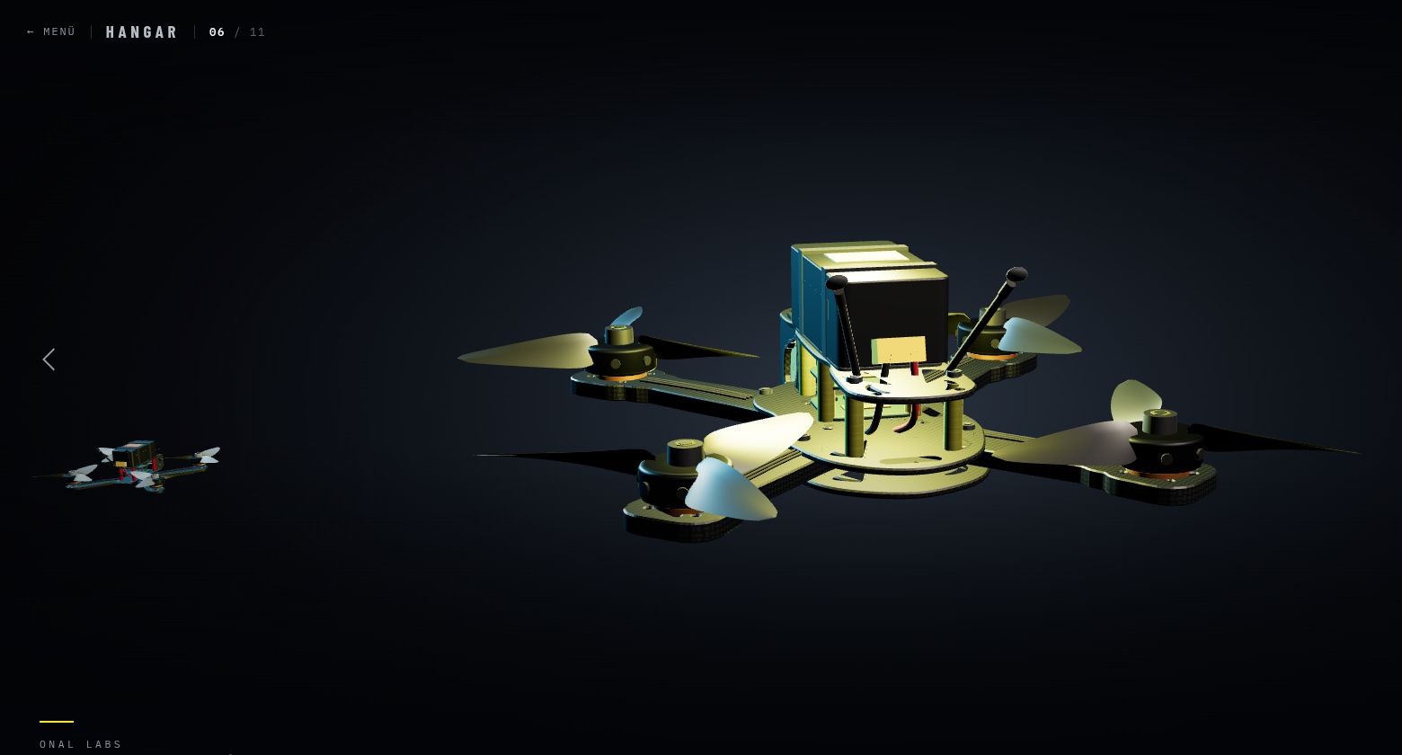 Hangar ekranı: Onal Labs El Cezeri 5 inç freestyle dronu, yanında ağırlık, motor, pil ve üst hız değerleri